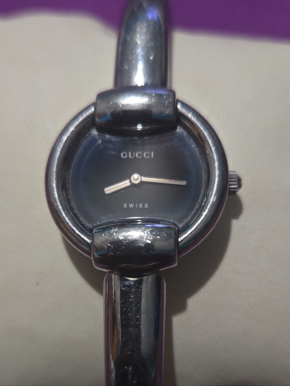 Gucci Women's Silver Bangle Watch with Black Dial